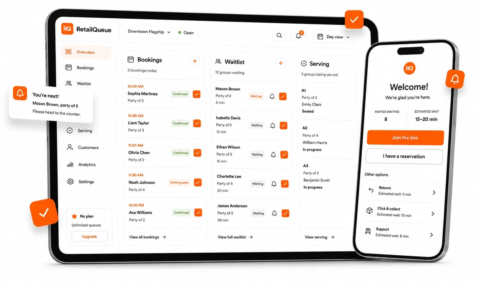 Retail Queue dashboard shown on a tablet, next to the customer join-queue screen on a phone